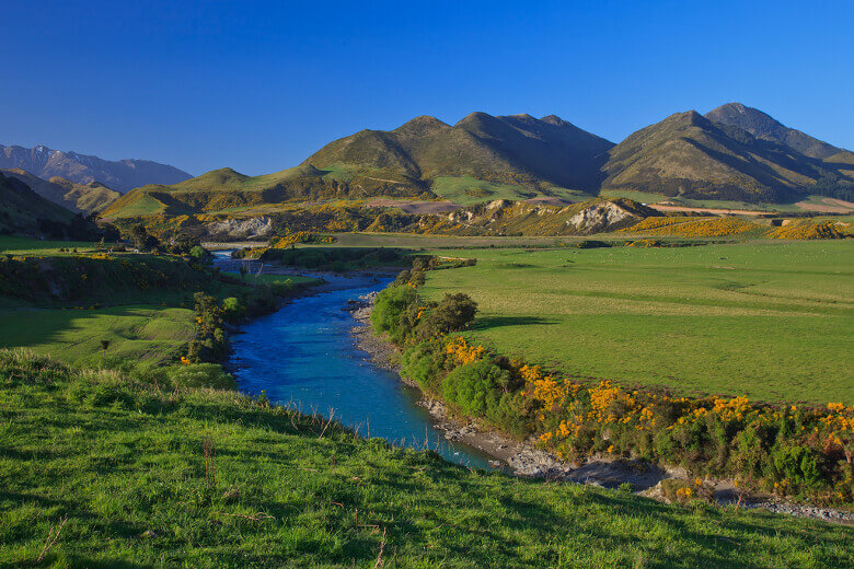 Wiesenlandschaft, Fluss und Berge in Neuseeland