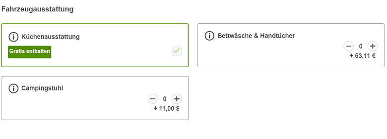 Fahrzeugausstattung auf CamperDays hinzubuchen