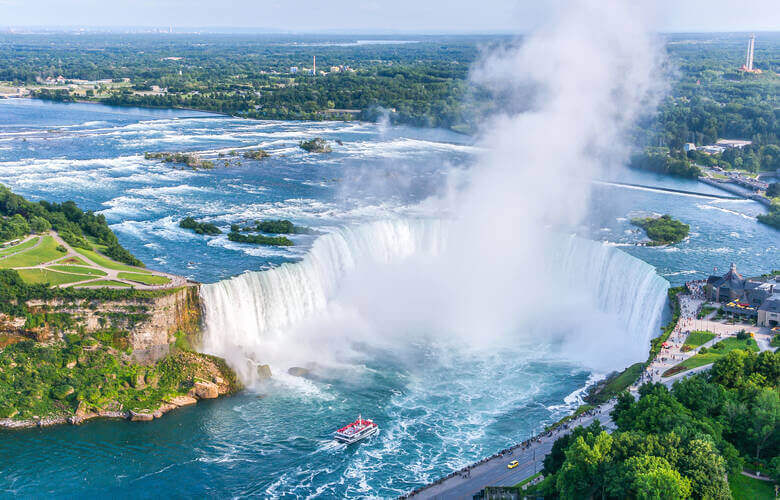 Luftansicht der Niagara Fälle mit Aussichtspunkten und einem Boot vor den Wasserfällen