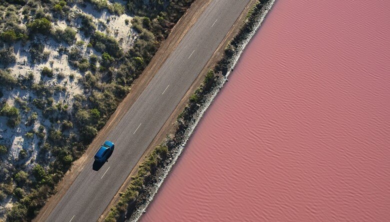 Wohnmobil fährt an einem rosafarbenen See in Westaustralien vorbei