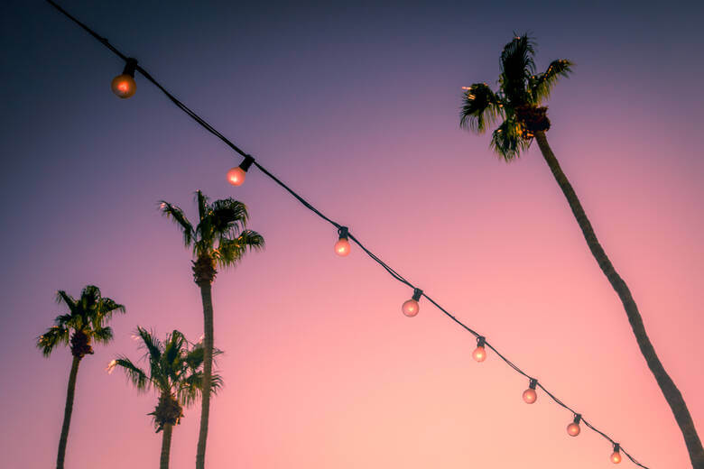 Palmen und Lichterketten auf dem Coachella Festival in den USA